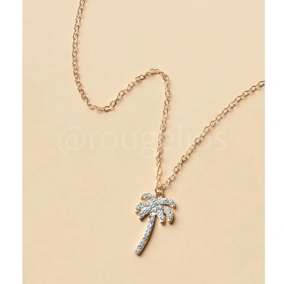 Encrusted Palm Tree Charm on a Yellow Gold Tone Chain Necklace Pendant - Picture 2 of 10